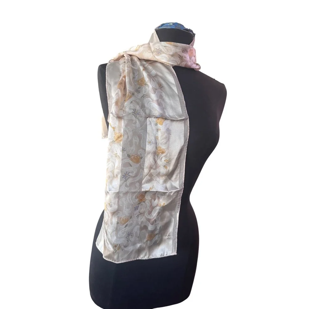 Vera Vintage Silk Scarf Floral Damask Scroll Cream‎ Yellow Blue  Wrap 10x50